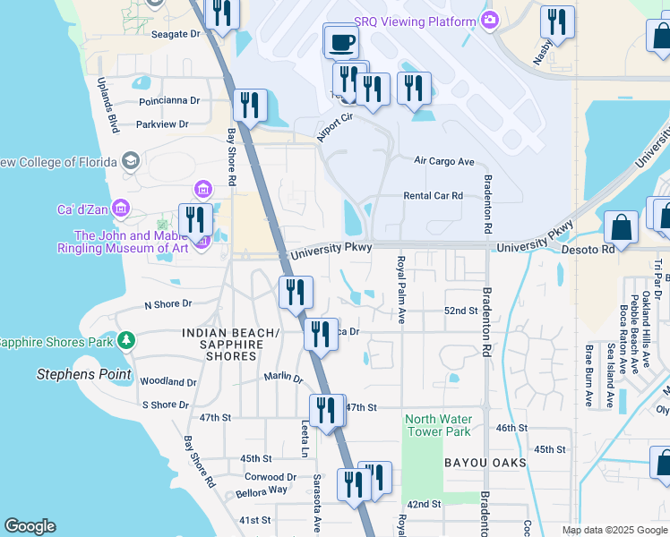 map of restaurants, bars, coffee shops, grocery stores, and more near 5406 Desoto Place in Sarasota