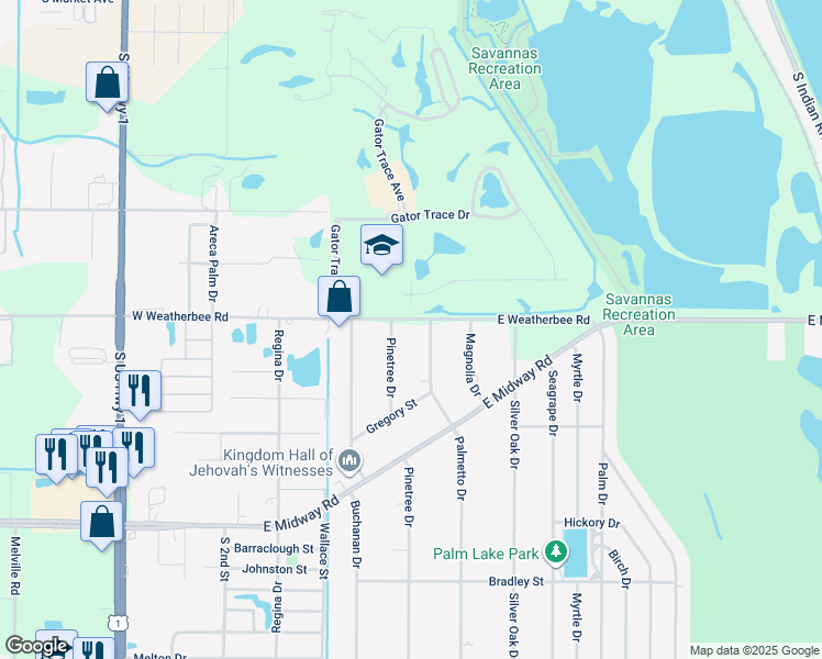 map of restaurants, bars, coffee shops, grocery stores, and more near 907 East Weatherbee Road in Fort Pierce