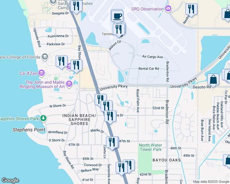 map of restaurants, bars, coffee shops, grocery stores, and more near 5406 Desoto Place in Sarasota