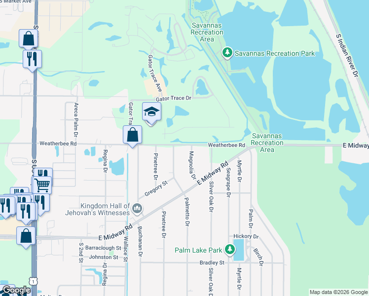 map of restaurants, bars, coffee shops, grocery stores, and more near 1101 East Weatherbee Road in Fort Pierce