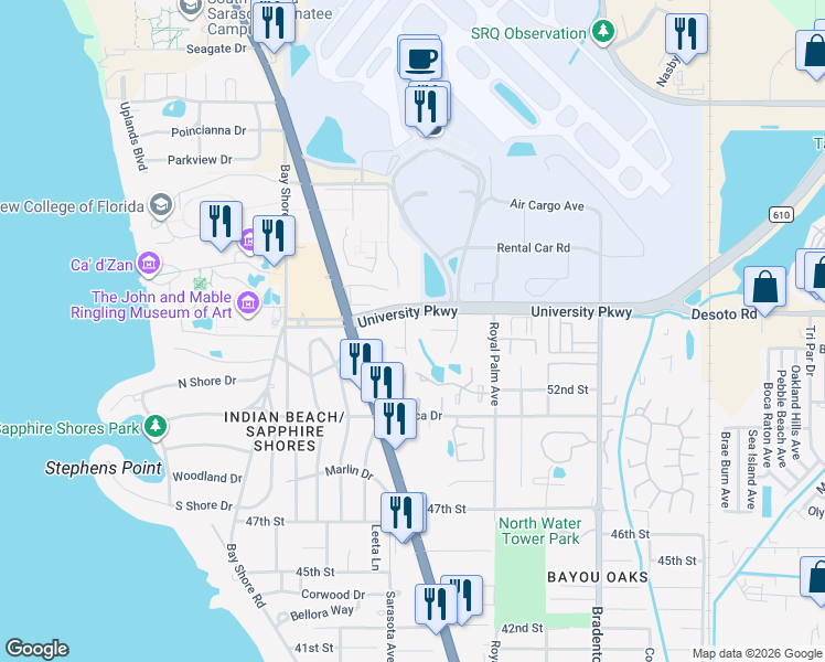 map of restaurants, bars, coffee shops, grocery stores, and more near 5406 Desoto Place in Sarasota