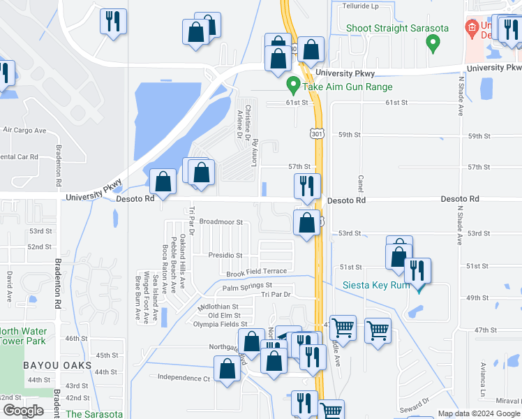 map of restaurants, bars, coffee shops, grocery stores, and more near 5193 Desoto Parkway in Sarasota
