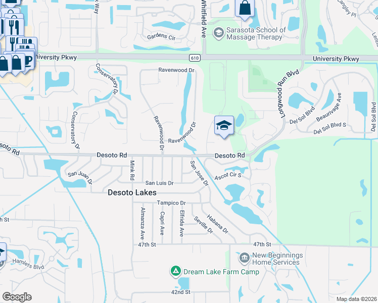map of restaurants, bars, coffee shops, grocery stores, and more near 3999 Desoto Road in Sarasota