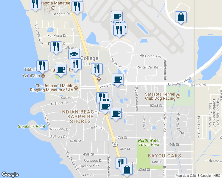 map of restaurants, bars, coffee shops, grocery stores, and more near 5406 Desoto Place in Sarasota