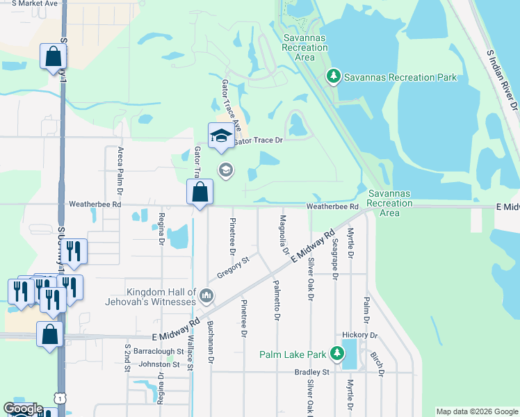 map of restaurants, bars, coffee shops, grocery stores, and more near 1101 East Weatherbee Road in Fort Pierce