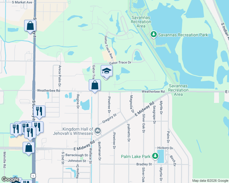 map of restaurants, bars, coffee shops, grocery stores, and more near 907 East Weatherbee Road in Fort Pierce
