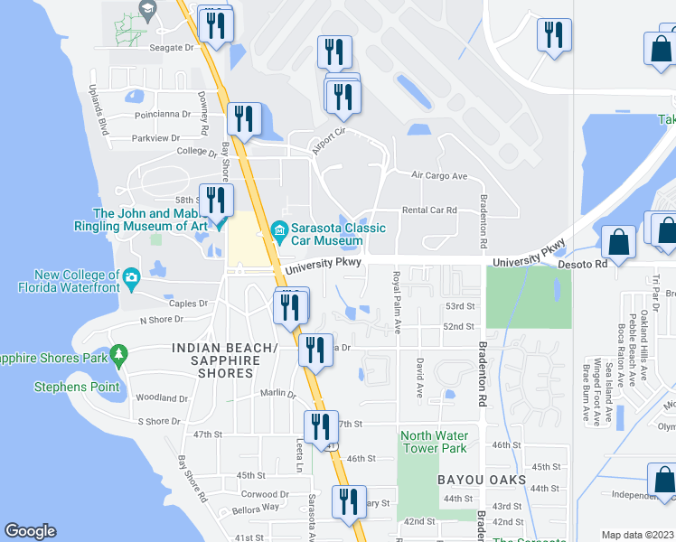map of restaurants, bars, coffee shops, grocery stores, and more near 850 University Parkway in Sarasota