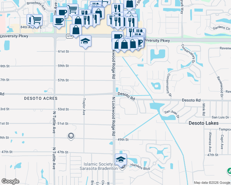 map of restaurants, bars, coffee shops, grocery stores, and more near 5527 North Lockwood Ridge Road in Sarasota