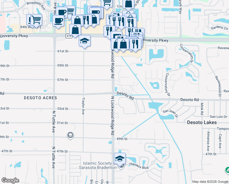 map of restaurants, bars, coffee shops, grocery stores, and more near 5527 North Lockwood Ridge Road in Sarasota