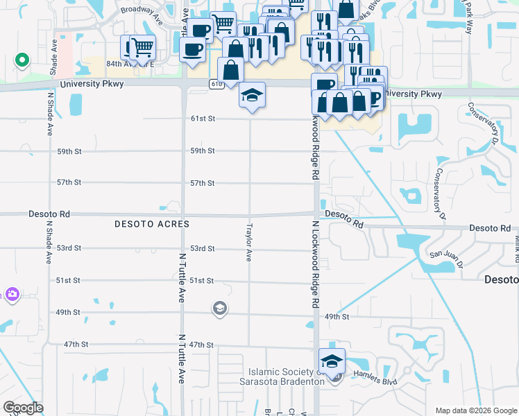 map of restaurants, bars, coffee shops, grocery stores, and more near 3005 Desoto Road in Sarasota