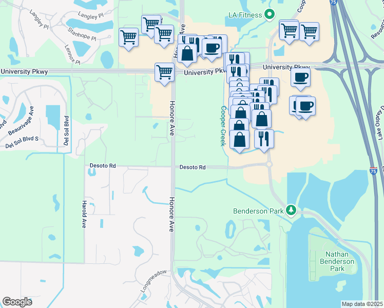 map of restaurants, bars, coffee shops, grocery stores, and more near 5381 Desoto Road in Sarasota