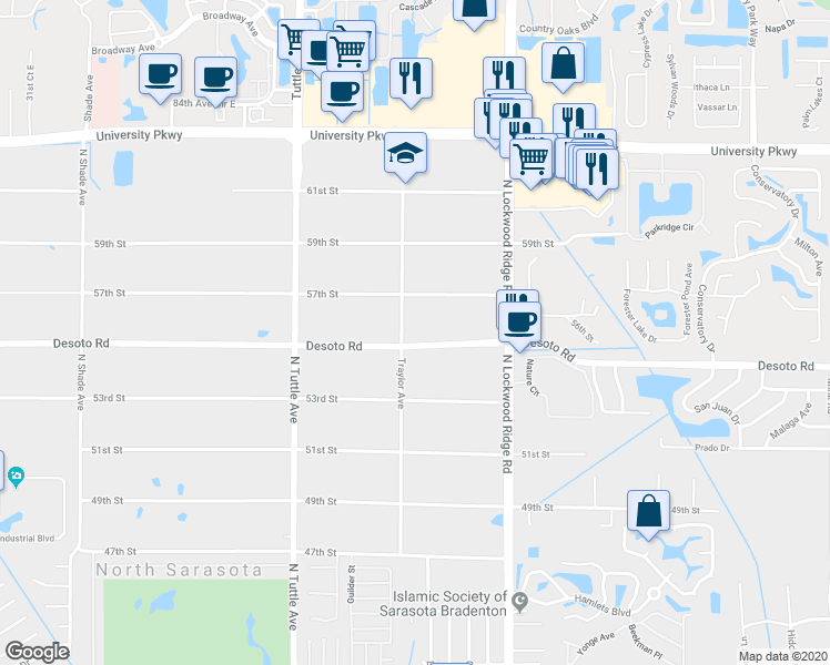 map of restaurants, bars, coffee shops, grocery stores, and more near 3005 Desoto Road in Sarasota