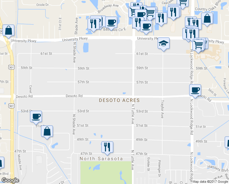 map of restaurants, bars, coffee shops, grocery stores, and more near 2647 Desoto Road in Sarasota