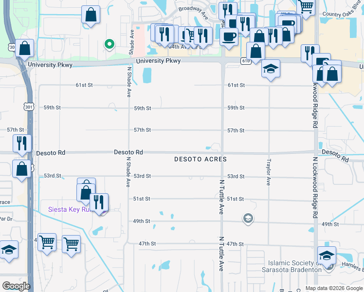 map of restaurants, bars, coffee shops, grocery stores, and more near 2541 Desoto Road in Sarasota