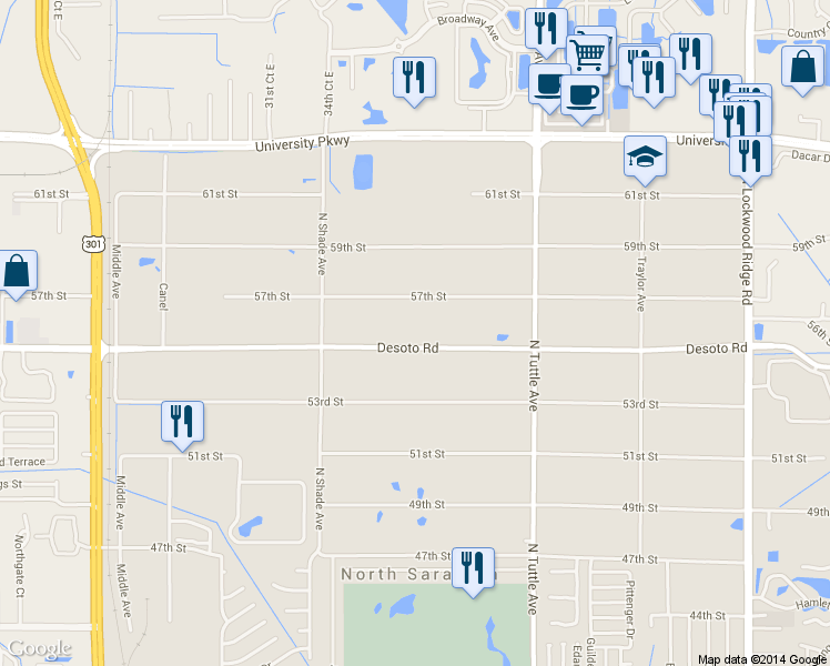 map of restaurants, bars, coffee shops, grocery stores, and more near 2541 Desoto Road in Sarasota