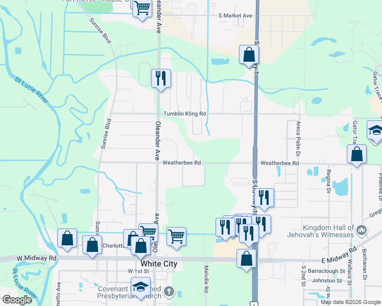 map of restaurants, bars, coffee shops, grocery stores, and more near 620 West Weatherbee Road in Fort Pierce