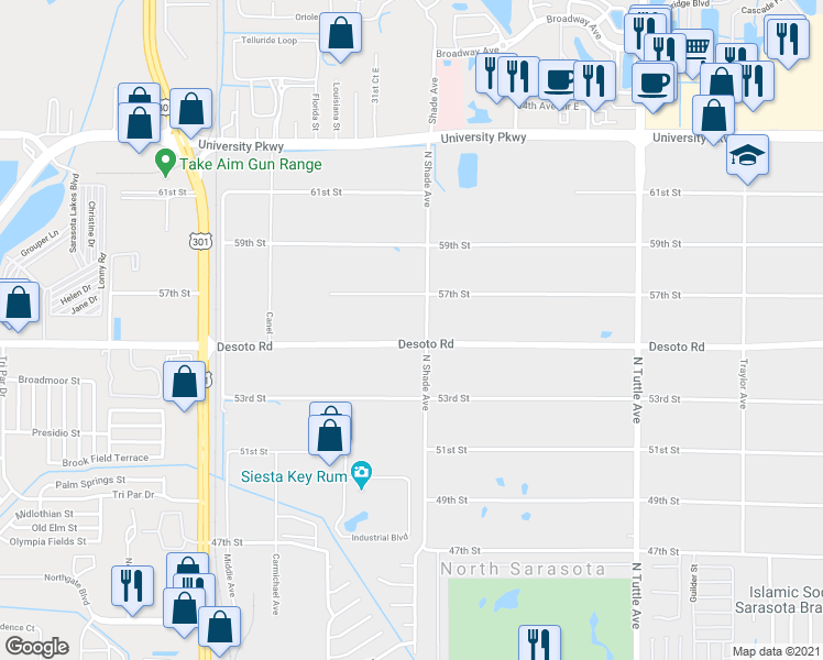 map of restaurants, bars, coffee shops, grocery stores, and more near 2325 Desoto Road in Sarasota