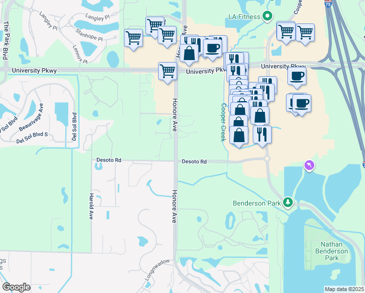 map of restaurants, bars, coffee shops, grocery stores, and more near 5601 North Honore Avenue in Sarasota