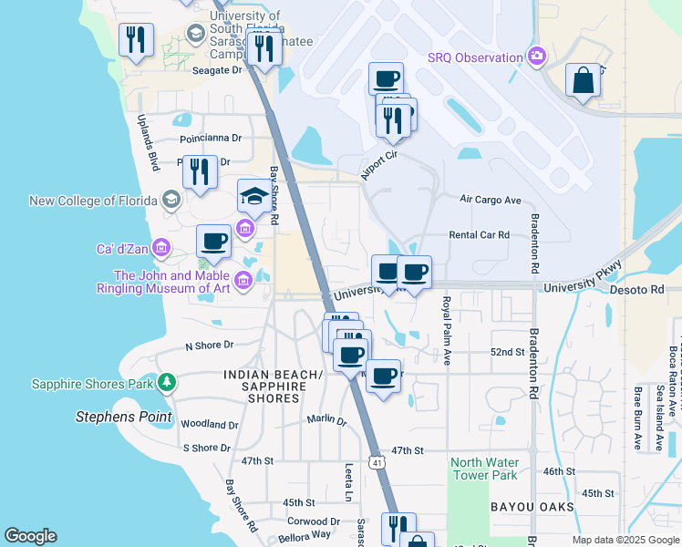 map of restaurants, bars, coffee shops, grocery stores, and more near 850 University Pkwy in Sarasota