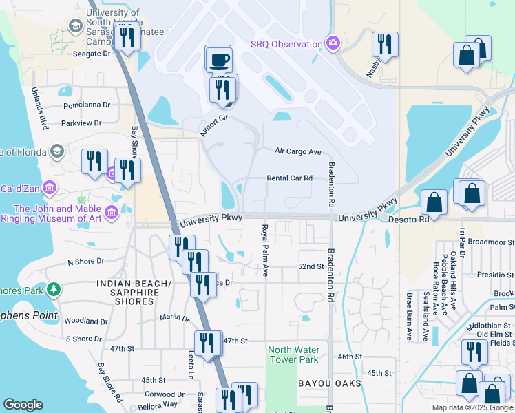 map of restaurants, bars, coffee shops, grocery stores, and more near 975 University Parkway in Sarasota