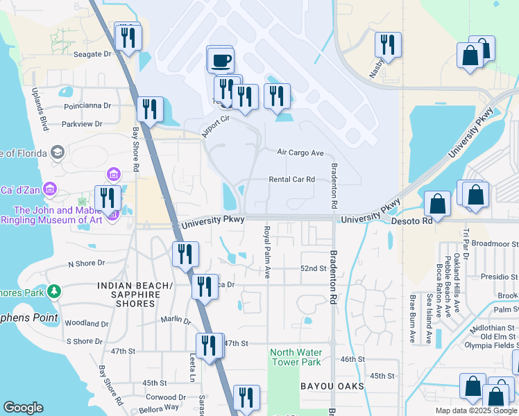 map of restaurants, bars, coffee shops, grocery stores, and more near 975 University Parkway in Sarasota