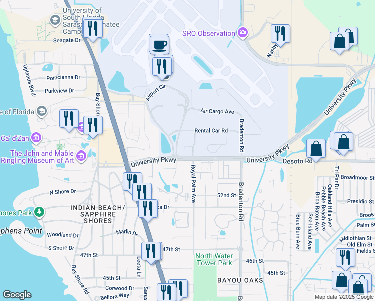 map of restaurants, bars, coffee shops, grocery stores, and more near 975 University Parkway in Sarasota