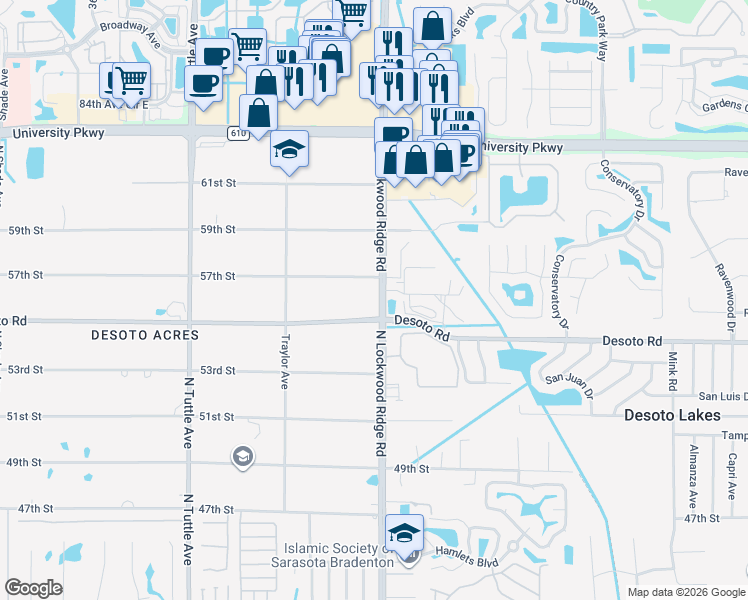 map of restaurants, bars, coffee shops, grocery stores, and more near 5527 North Lockwood Ridge Road in Sarasota