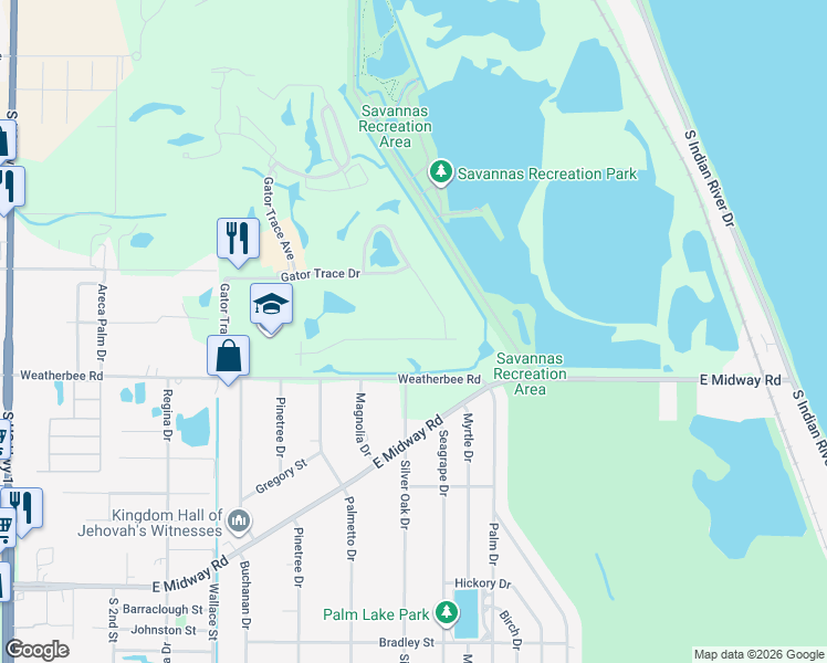 map of restaurants, bars, coffee shops, grocery stores, and more near 4380 Gator Trace Lane in Fort Pierce