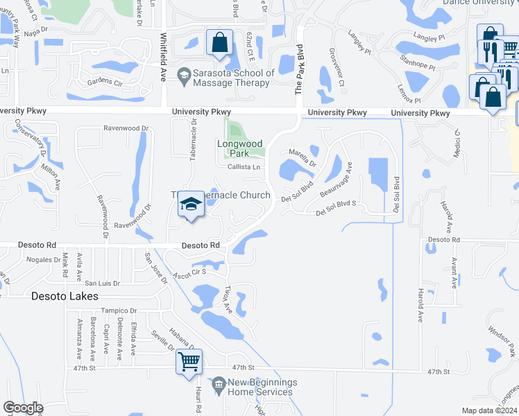 map of restaurants, bars, coffee shops, grocery stores, and more near 5706 Monte Rosso Road in Sarasota