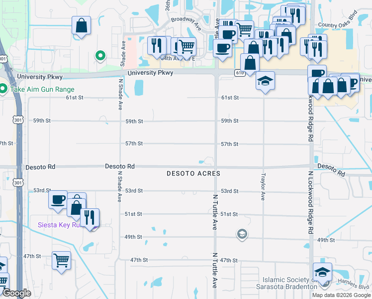 map of restaurants, bars, coffee shops, grocery stores, and more near 2647 Desoto Road in Sarasota