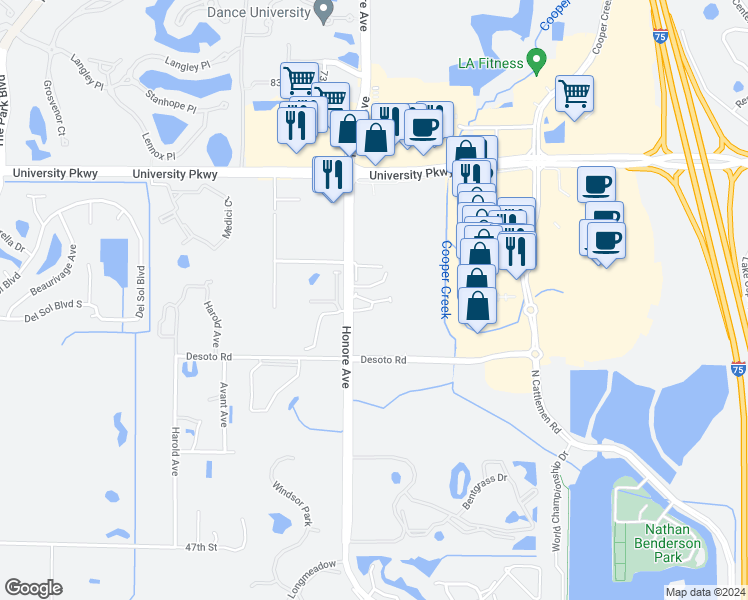 map of restaurants, bars, coffee shops, grocery stores, and more near 5851 North Honore Avenue in Sarasota