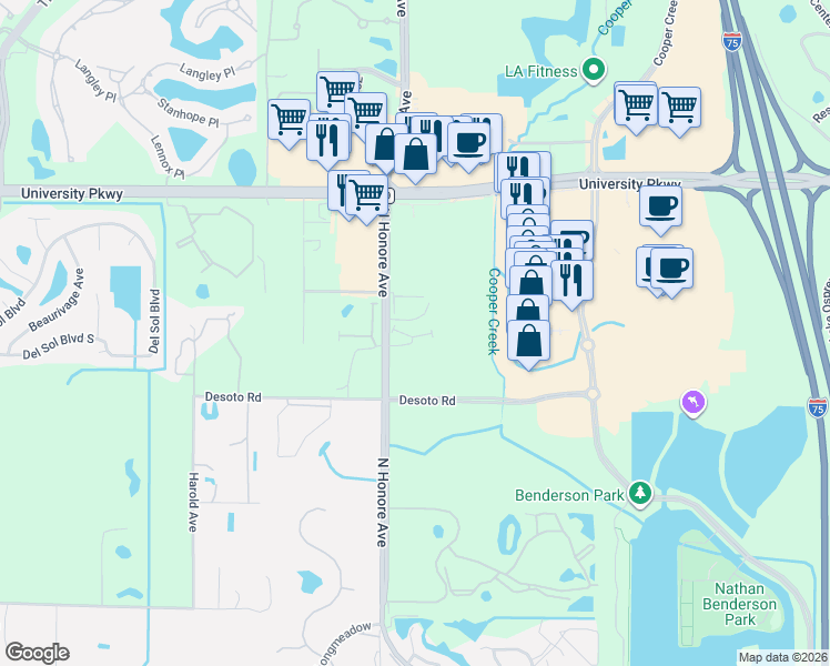 map of restaurants, bars, coffee shops, grocery stores, and more near 5851 North Honore Avenue in Sarasota