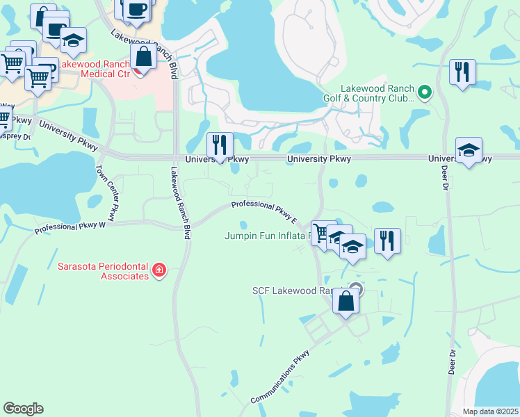 map of restaurants, bars, coffee shops, grocery stores, and more near 6972 Professional Parkway East in Sarasota