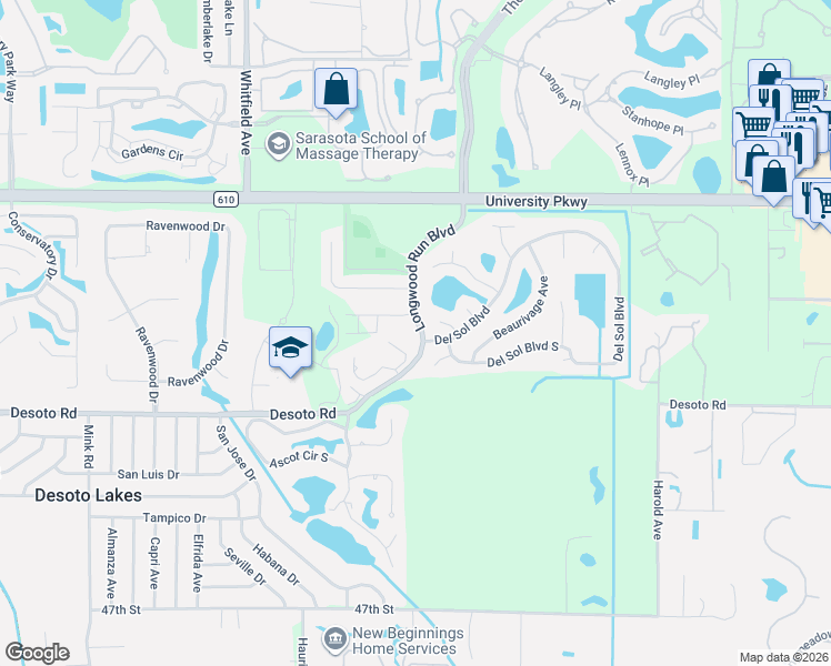 map of restaurants, bars, coffee shops, grocery stores, and more near 1804 Longwood Run Boulevard in Sarasota