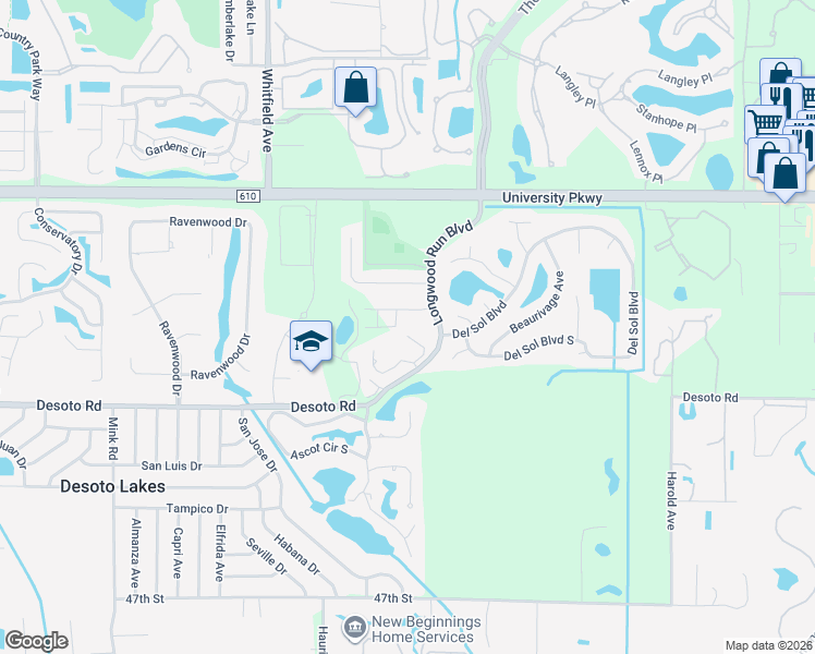 map of restaurants, bars, coffee shops, grocery stores, and more near 5802 Longwood Run Boulevard in Sarasota