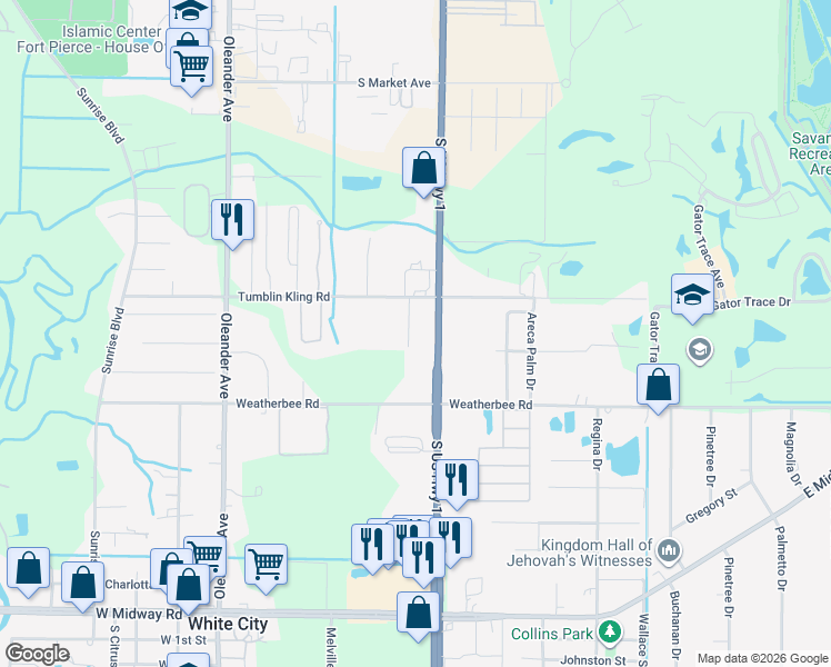 map of restaurants, bars, coffee shops, grocery stores, and more near 4217 Rose Lane in Fort Pierce