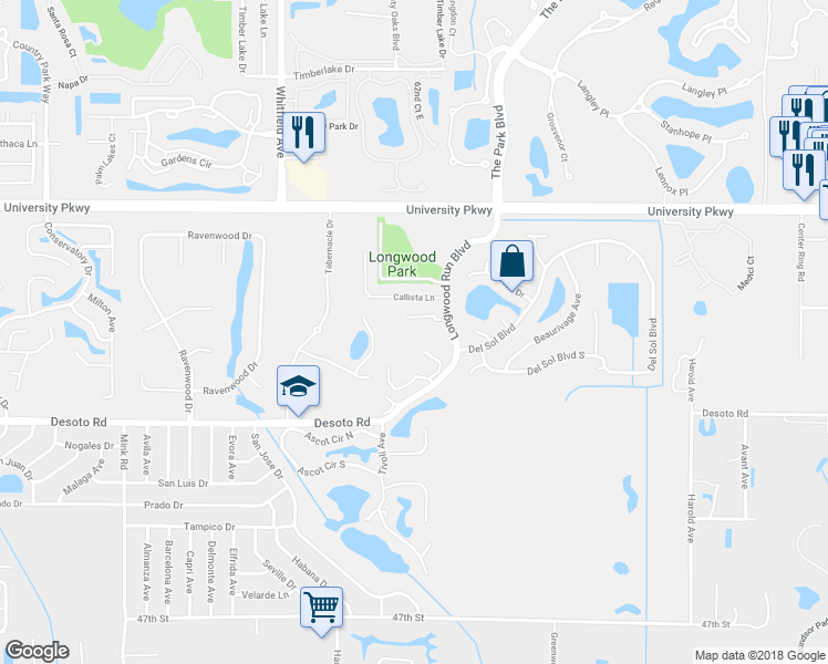 map of restaurants, bars, coffee shops, grocery stores, and more near 5802 Longwood Run Boulevard in Sarasota