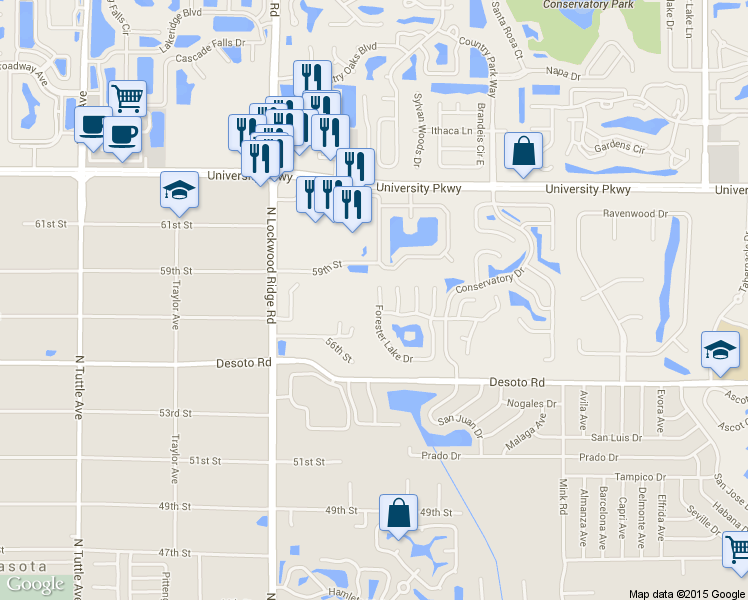 map of restaurants, bars, coffee shops, grocery stores, and more near 5725 Forester Lake Drive in Sarasota