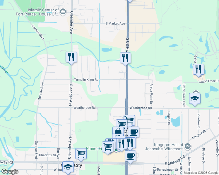 map of restaurants, bars, coffee shops, grocery stores, and more near 603 Tumblin Kling Road in Fort Pierce