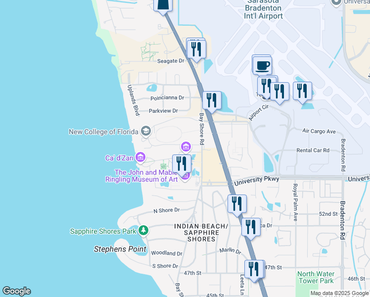 map of restaurants, bars, coffee shops, grocery stores, and more near 572 58th Street in Sarasota