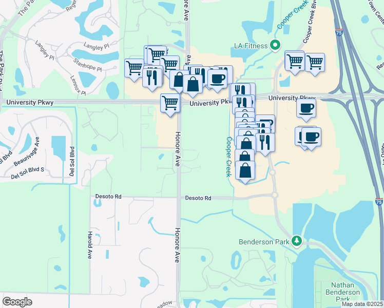 map of restaurants, bars, coffee shops, grocery stores, and more near 5851 North Honore Avenue in Sarasota