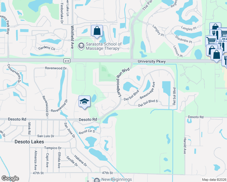 map of restaurants, bars, coffee shops, grocery stores, and more near 5802 Longwood Run Boulevard in Sarasota