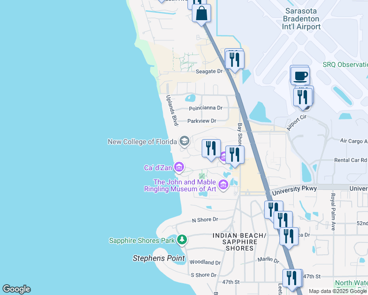 map of restaurants, bars, coffee shops, grocery stores, and more near 355-411 College Dr in Sarasota