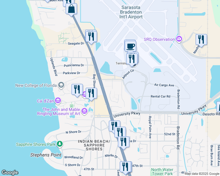 map of restaurants, bars, coffee shops, grocery stores, and more near 5800 Bay Shore Road in Sarasota