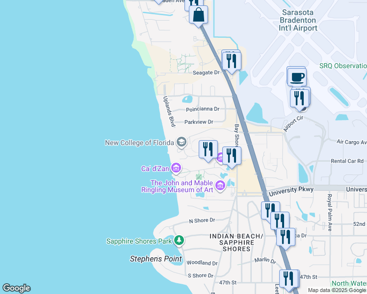map of restaurants, bars, coffee shops, grocery stores, and more near 355 College Drive in Sarasota