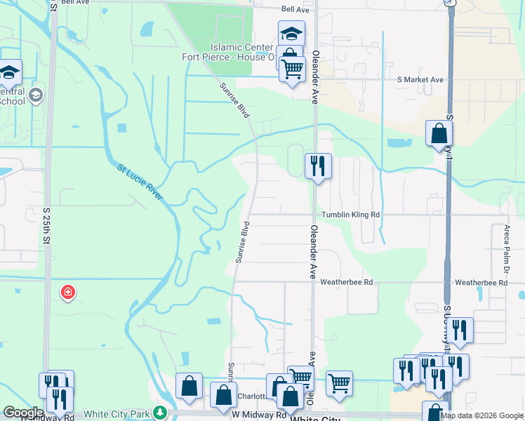 map of restaurants, bars, coffee shops, grocery stores, and more near 1300 Tumblin Kling Road in Fort Pierce