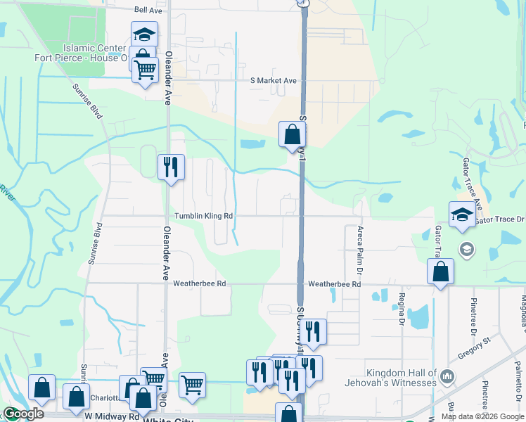 map of restaurants, bars, coffee shops, grocery stores, and more near 514 Tumblin Kling Road in Fort Pierce