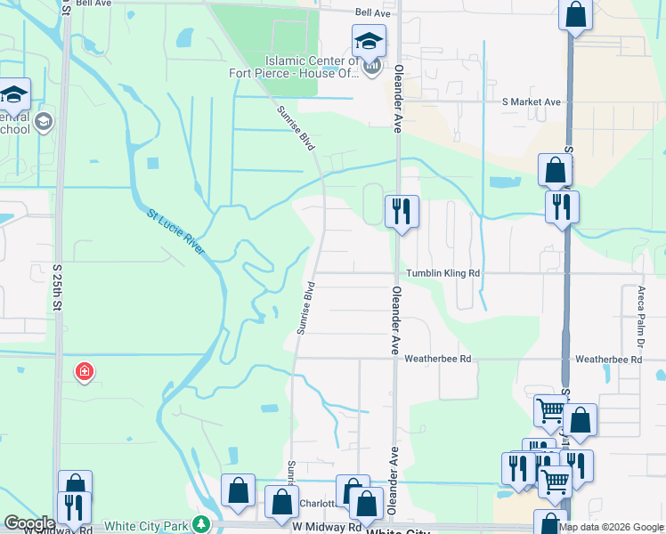 map of restaurants, bars, coffee shops, grocery stores, and more near 1300 Tumblin Kling Road in Fort Pierce