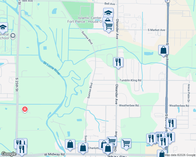 map of restaurants, bars, coffee shops, grocery stores, and more near 1300 Tumblin Kling Road in Fort Pierce