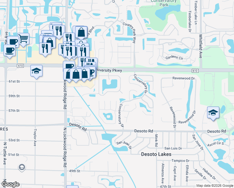 map of restaurants, bars, coffee shops, grocery stores, and more near 3639 Parkridge Circle in Sarasota